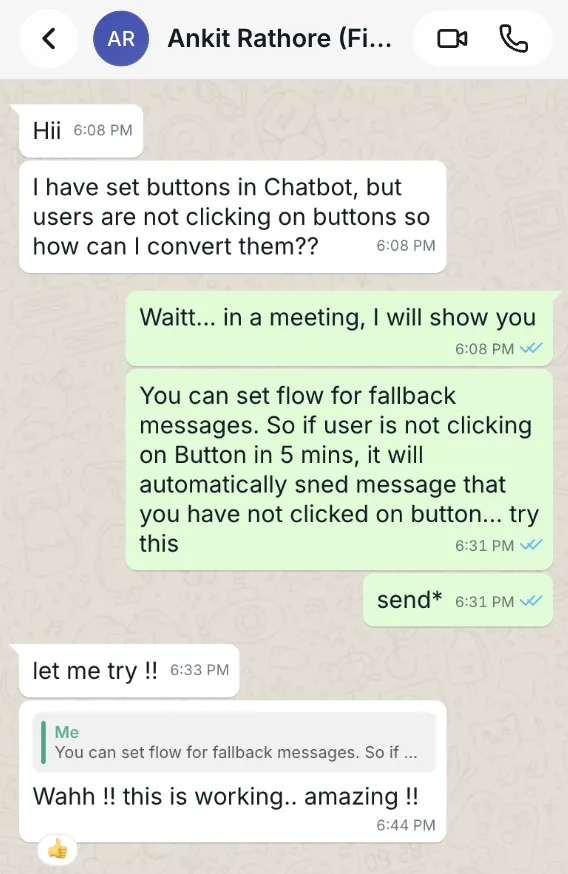 WhatsApp chat with Ankit Rathore saying the fallback-message flow is working